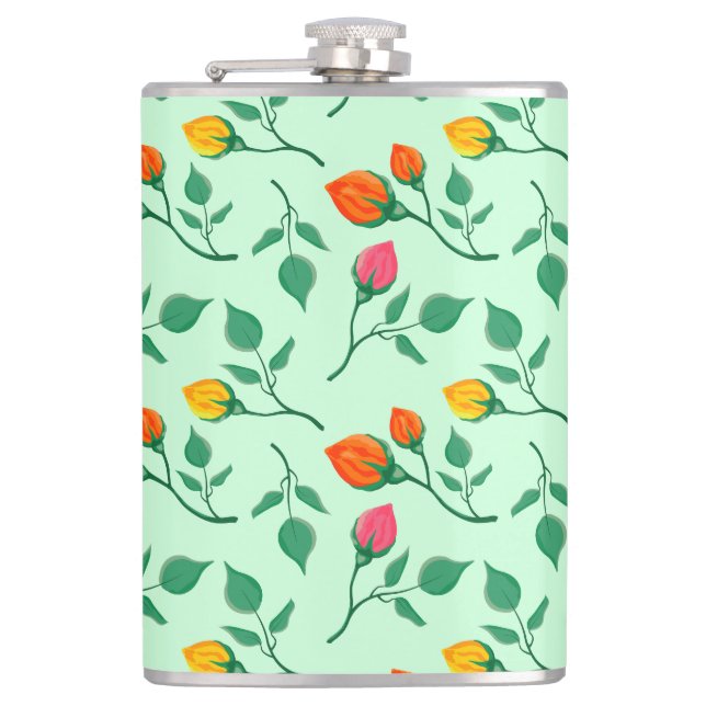 Floral pattern with coloured rose flowers  hip flask (Front)