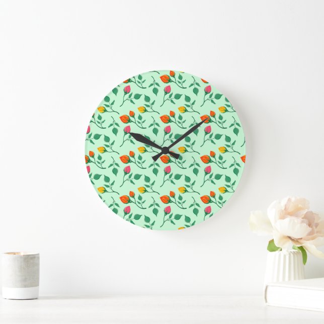 Floral pattern with coloured rose flowers  large clock (Home)