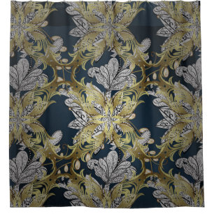 Floral Pattern with Gold Elements Blue Background