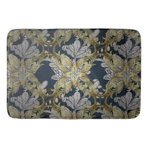 Floral Pattern with Gold Elements Blue Background Bath Mat