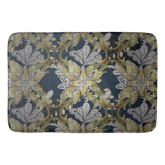 Floral Pattern with Gold Elements Blue Background Bath Mat (Front)