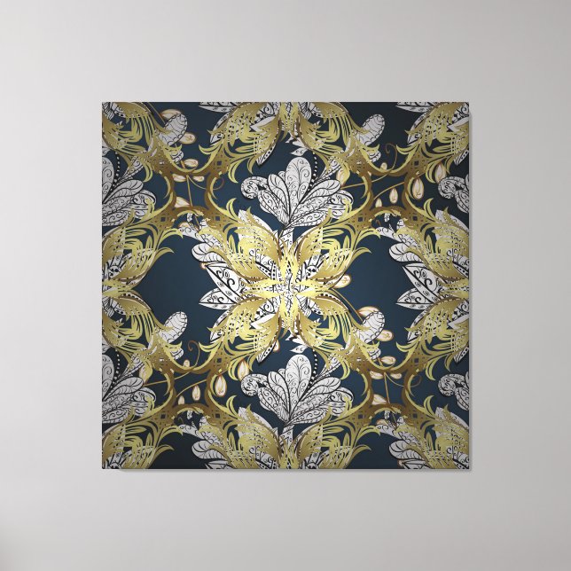 Floral Pattern with Gold Elements Blue Background Canvas Print (Front)