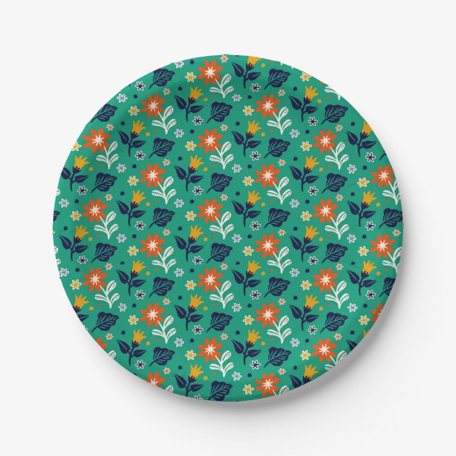 Floral Pattern with Green Background Paper Plate (Front)