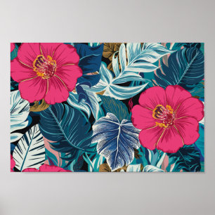 Floral Pattern with Pink Hibiscus and Blue Foliage Poster