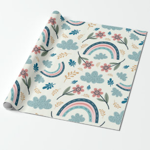Floral pattern with rainbow and cloud shapes wrapping paper