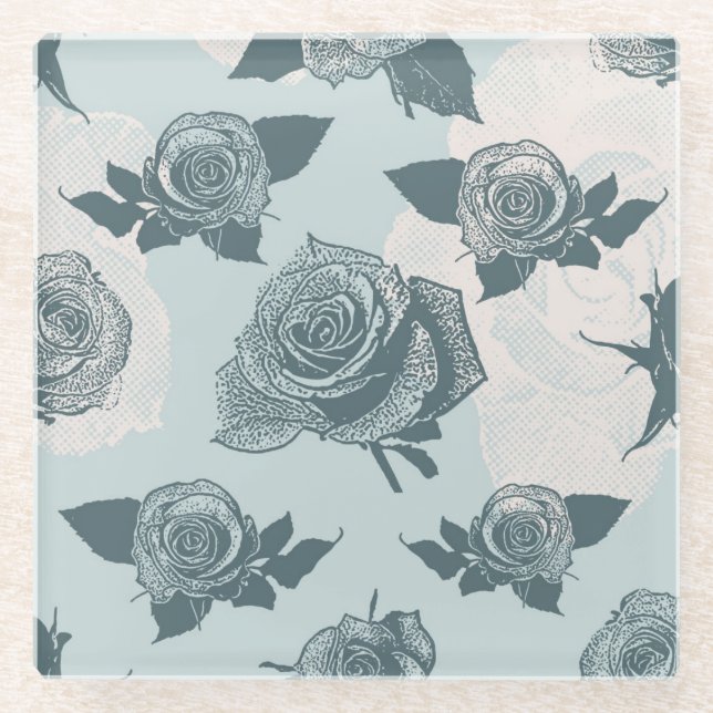 Floral pattern with rose glass coaster (Front)