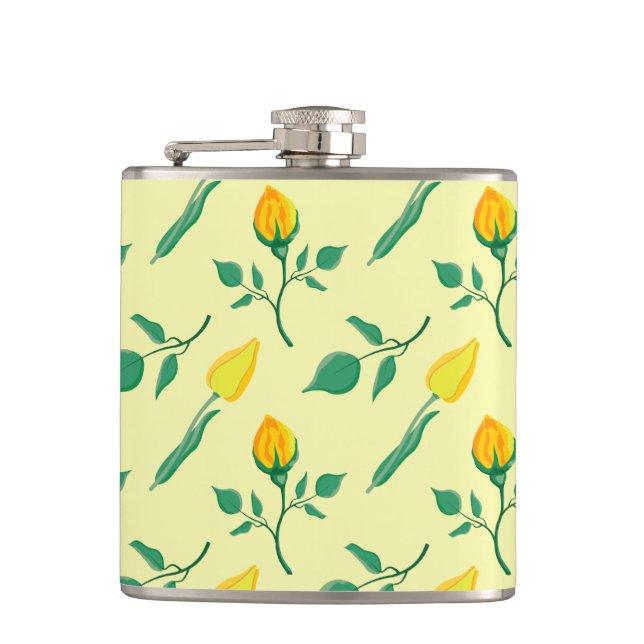 Floral pattern with yellow rose and tulip flowers hip flask (Front)
