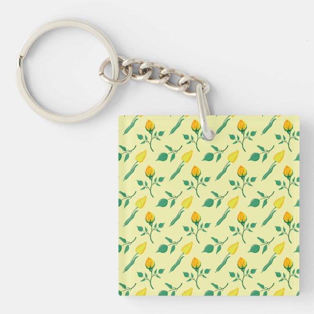 Floral pattern with yellow rose and tulip flowers keychain (Front)