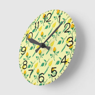 Floral pattern with yellow rose and tulip flowers round clock