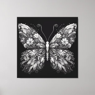 Floral Patterned Butterfly in White Ink Design Canvas Print