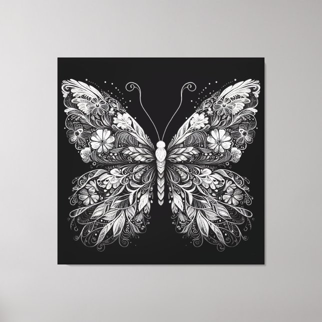 Floral Patterned Butterfly in White Ink Design Canvas Print (Front)