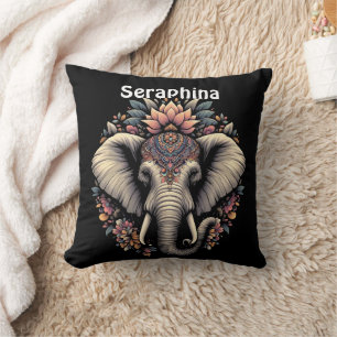 Floral-patterned elephant in nature throw pillow