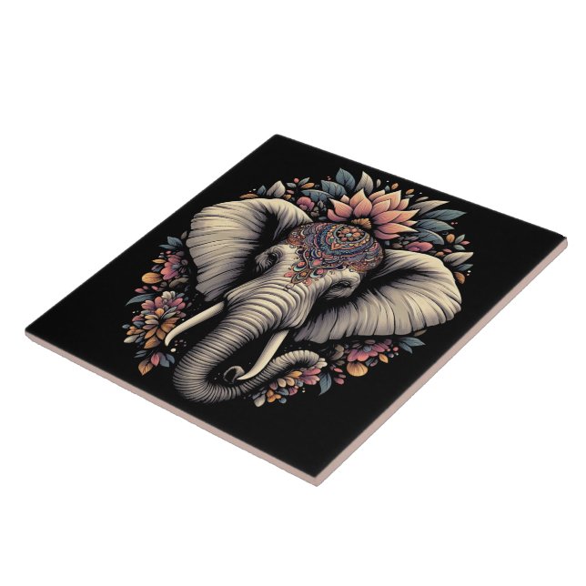 Floral-patterned elephant in nature tile (Side)