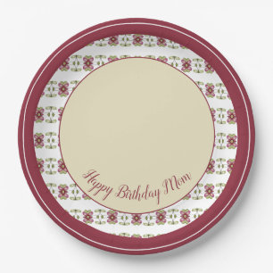 Floral Patterned In Burgundy And Cream Paper Plate