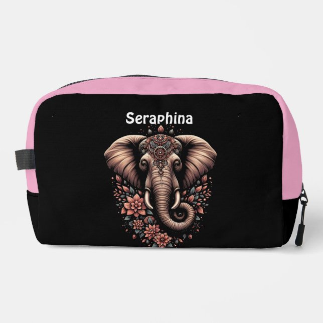 Floral-patterned vibrant elephant dopp kit (Front)