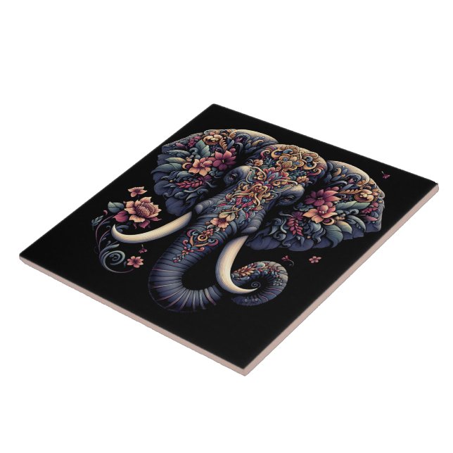 Floral-patterned vibrant elephant tile (Side)