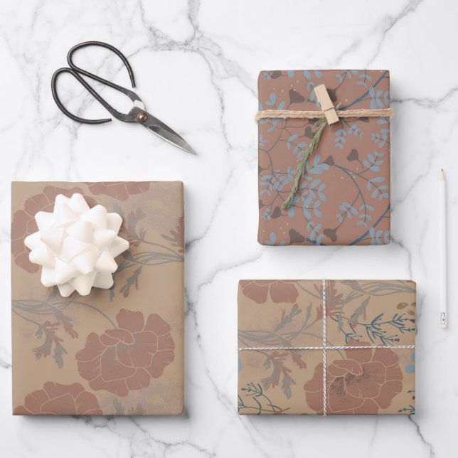 floral patterns, mocha mousse color wrapping paper sheet (Front)