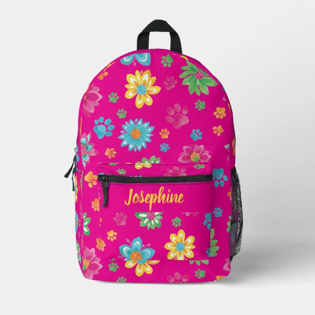 Floral Paw Print Backpack with Custom Name (Front)