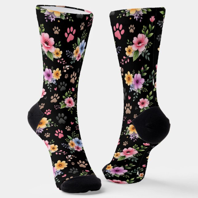 Floral & Paw Print Pattern Socks – Cute Pastel Pet (Angled)