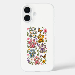 Floral Paw Prints – Botanical Flower Paw Pattern iPhone 16 Case