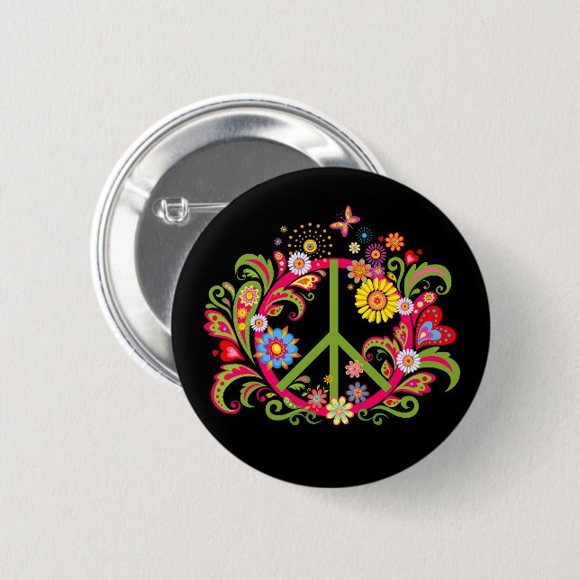 Floral Peace Sign on Black 2 Inch Round Button (Front & Back)