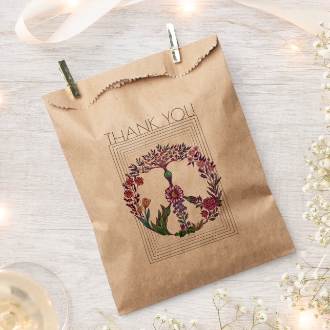 Floral peace sign simple modern flower power kraft favour bag (Clipped)