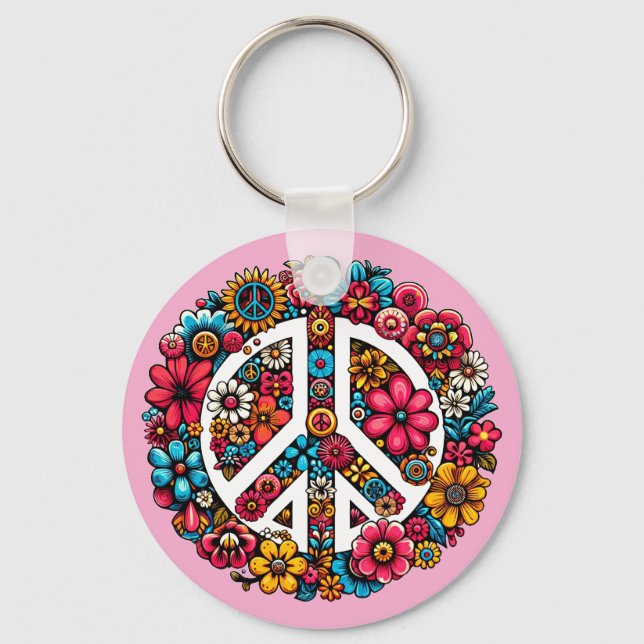 floral peace sign symbol colour illustration art keychain (Front)