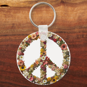 Floral Peace Symbol with Vibrant Flowers Keychain