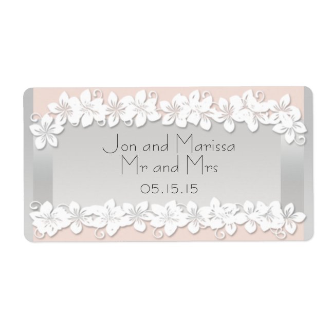 Floral Peach and Silver Wedding Water Bottle Label (Front)
