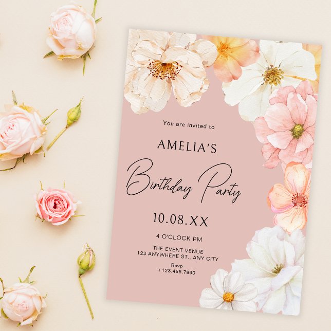 Floral peach birthday invitation (Creator Uploaded)