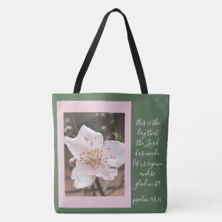 Floral (peach blossom) w/ verse from Psalm 118:24 Tote Bag