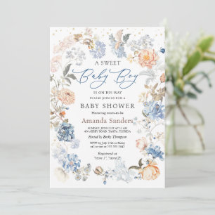 Floral Peach Blush Blue Baby Shower Invitation