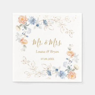 Floral Peach Blush Blue  Wedding Napkin