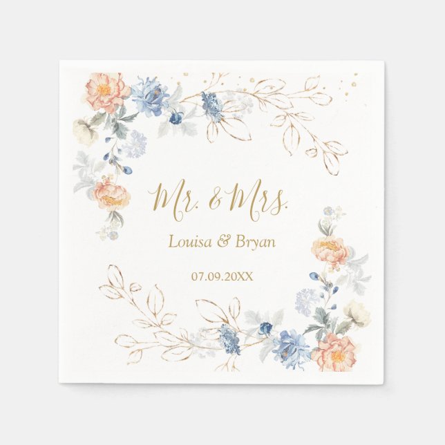 Floral Peach Blush Blue  Wedding Napkin (Front)