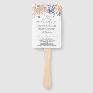 Floral Peach Blush Blue Wedding Program Hand Fan