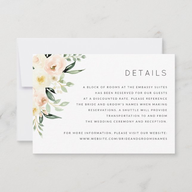 Floral Peach Blush Greenery Details Info Card (Front)