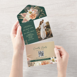 Floral Peach Emerald Green Wedding  All In One Invitation