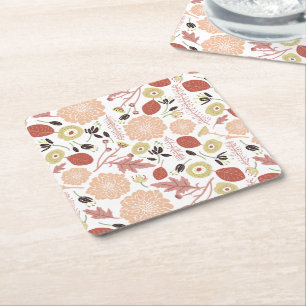 Floral Peach Green Whimsical Square Paper Coaster
