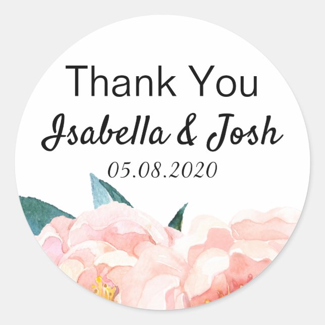 Floral Peach Peony Thank You Classic Round Sticker (Front)