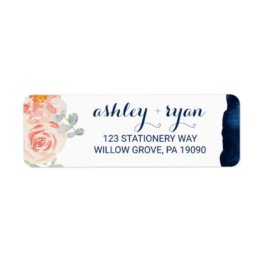 Floral Peach Pink and Navy Watercolor Wedding Return Address Label