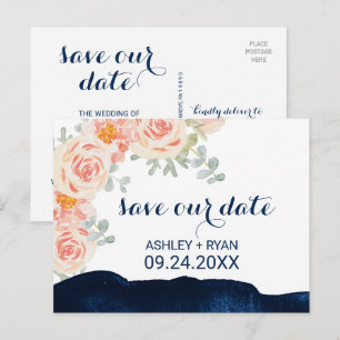 Floral Peach Pink & Navy Watercolor Save the Date Announcement Postcard