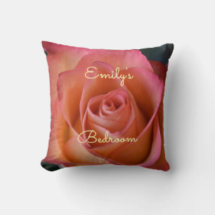 Floral Peach Pink Rose Personalizable Throw Pillow