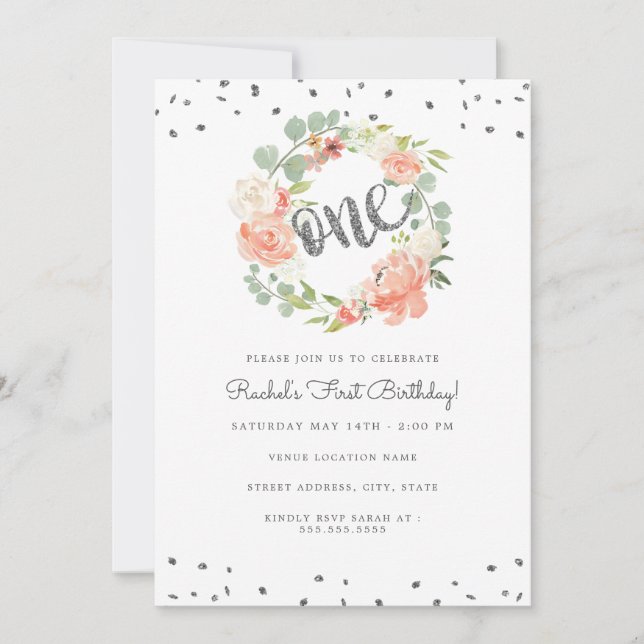 Floral Peach Silver One Wreath First Birthday Invitation (Front)