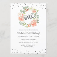 Floral Peach Silver One Wreath First Birthday