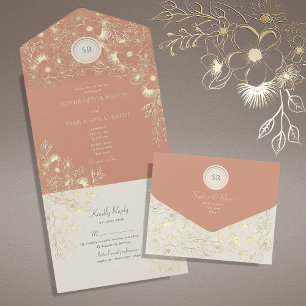 Floral Peach Terracotta Wedding All In One Invitation