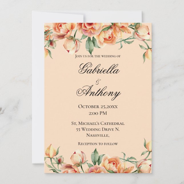 Floral Peach Watercolor Modern Wedding Invitation (Front)