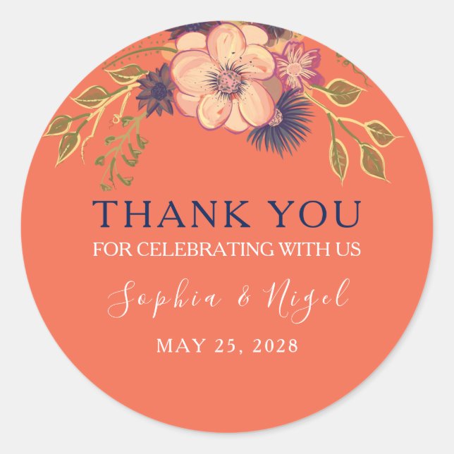 Floral Peach Wedding Thank You Classic Round Sticker (Front)