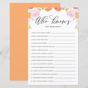 Floral Peach Who Knows Mom Best Baby Shower Game