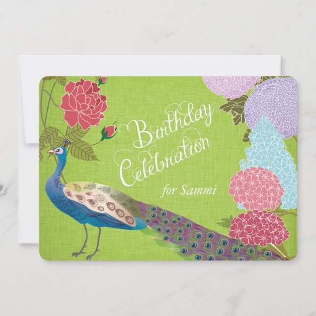 Floral Peacock on Green Linen Birthday Invite (Front)