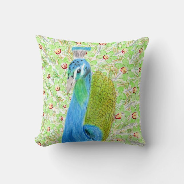 Floral Peacock  Throw Pillow (Front)